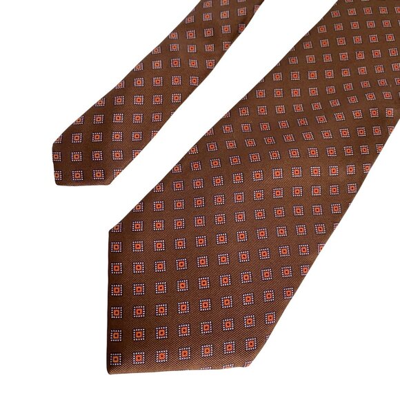 100% Silk Brown and Orange Diamond Pattern Mens Thin Necktie 58in - Picture 1 of 4